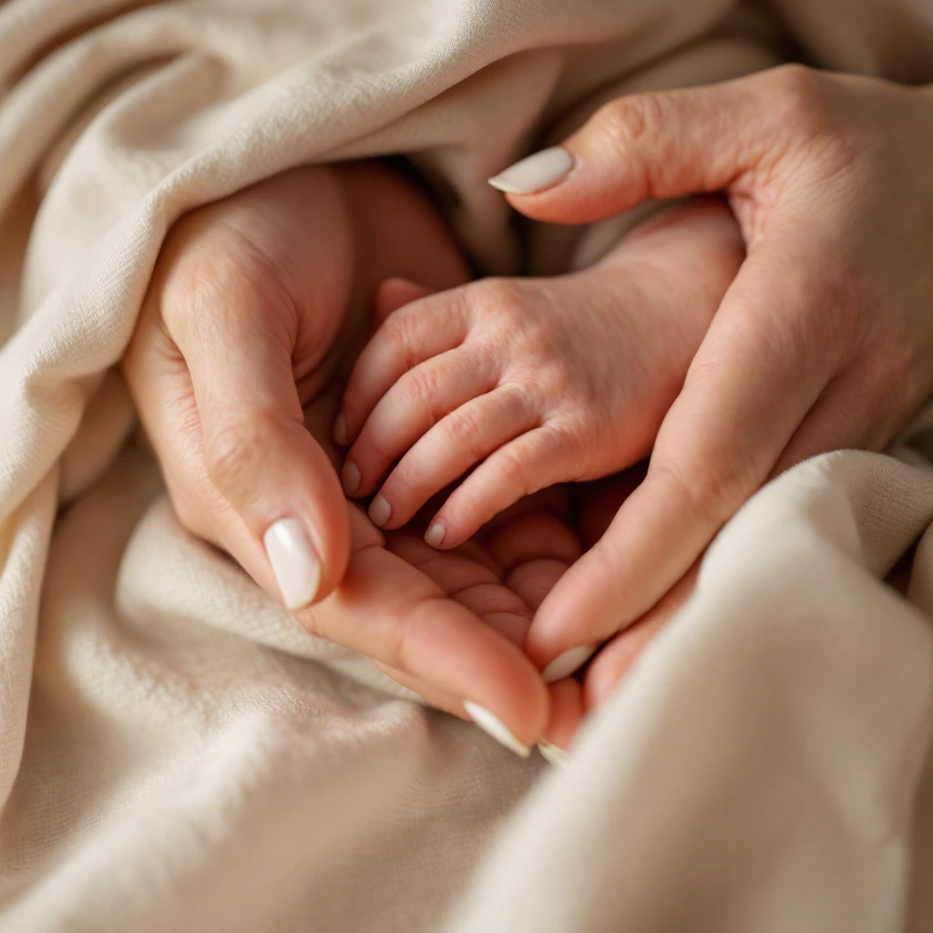 Newborn's hand held gently in mother's hands